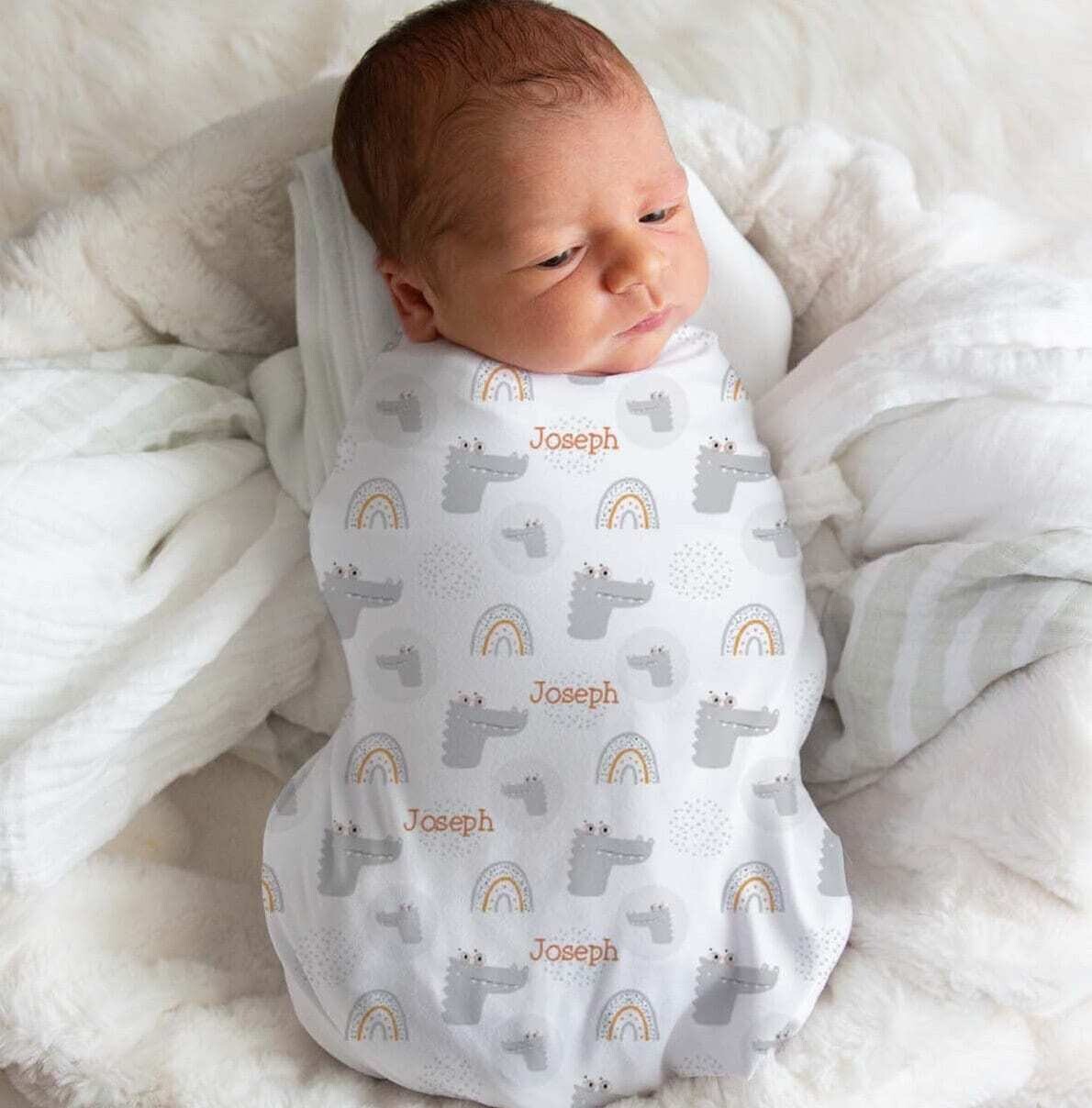 Personalized Boho Alligator Gray And Orange Baby Name Custom Swaddle Gift Idea For Baby Boy, Baby Alligator Name Swaddle Blanket Photo Prop
