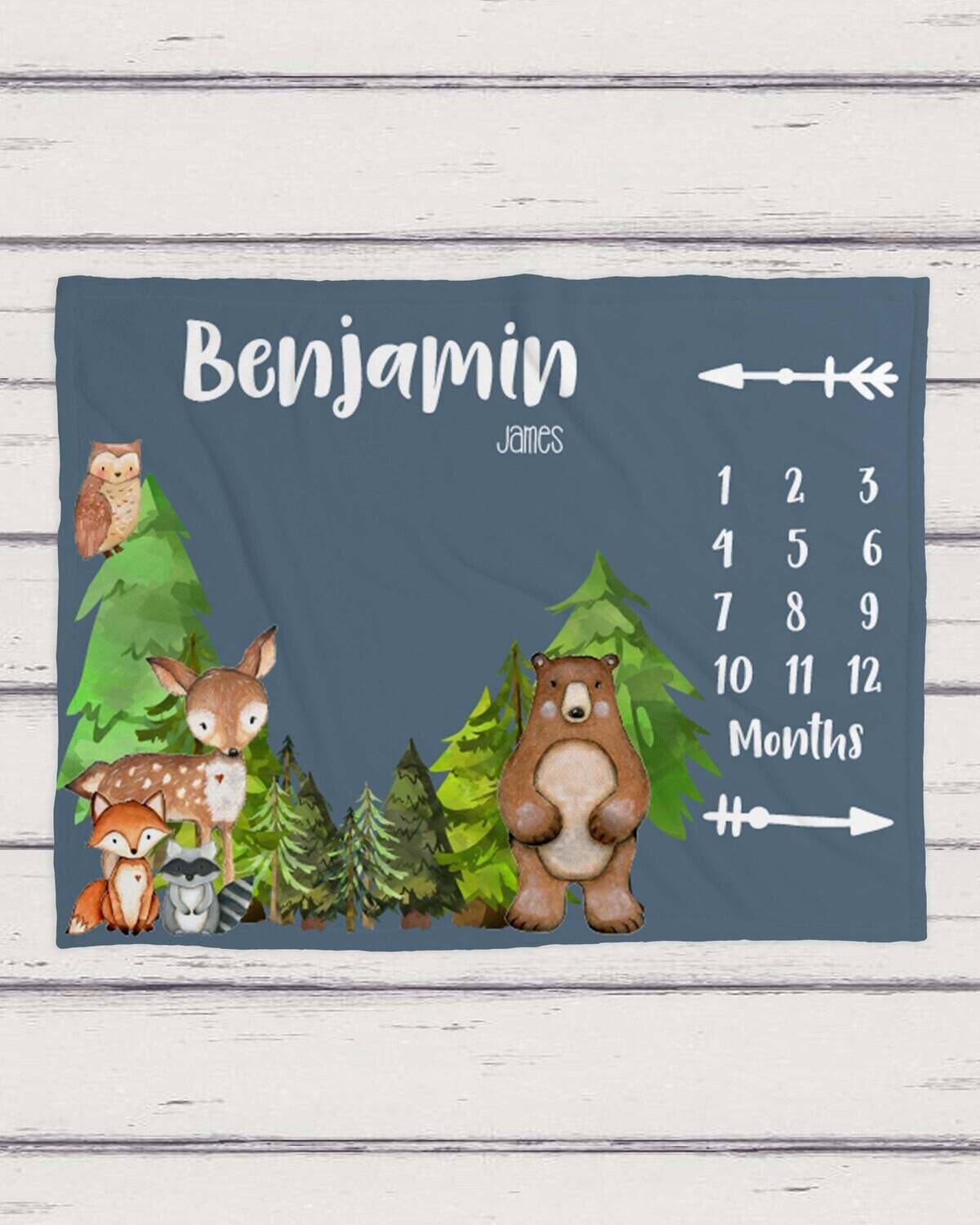 Personalized Woodland Animal Forest Creature Name Milestone Blanket, Woodland Animal Baby Gift Idea, Photo Prop Forest Boy Milestone Blanket