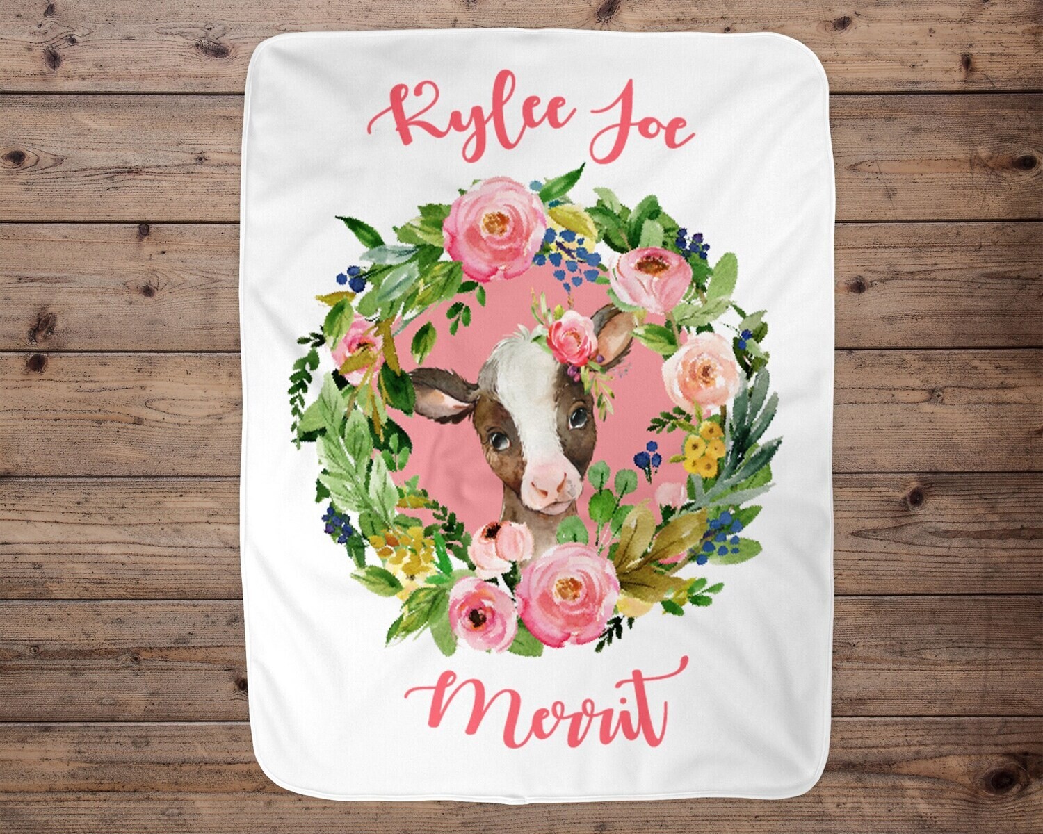 Cow Personalized Baby Girl Blanket, Baby Blanket, Name Baby Blanket,Cow Baby Gift, Farm Baby, Farm Blanket, Blanket Girl, Floral