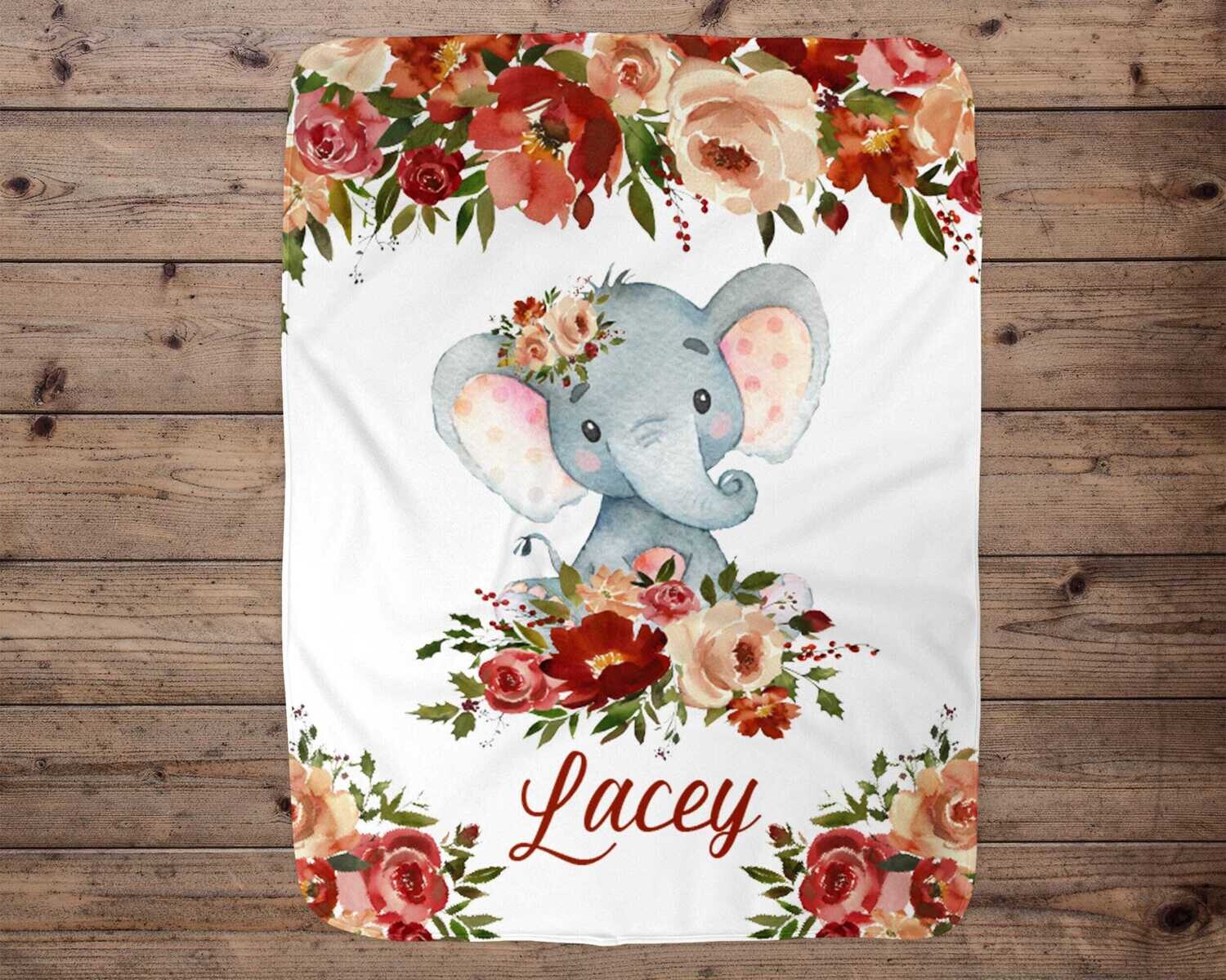 Red Floral Elephant Personalized Blanket, Baby Blanket, Name Baby Blanket, Girl Baby Gift, Swaddle Blanket, Blanket Girl, Elephant, Minky