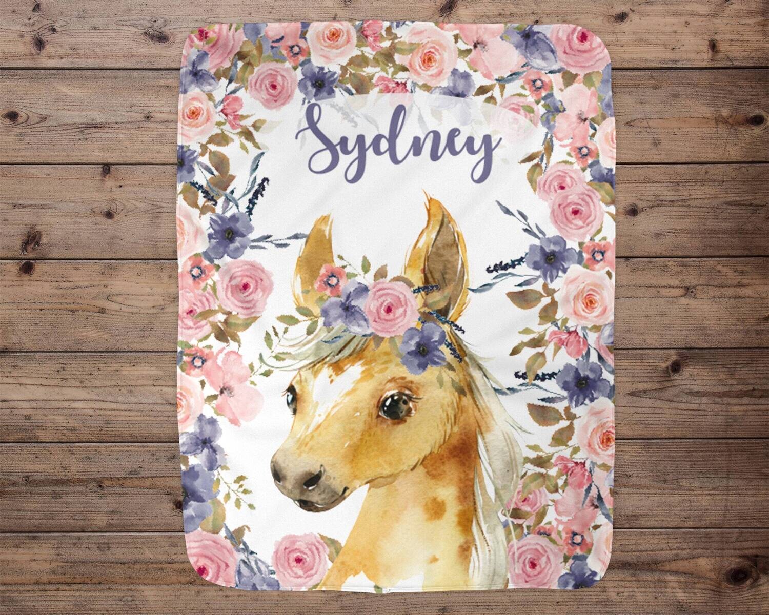 Horse Personalized Baby Girl Blanket, Baby Blanket, Name Baby Blanket, Baby Gift, Horse Blanket, Blanket Girl, Purple Floral, Girl Gift Idea