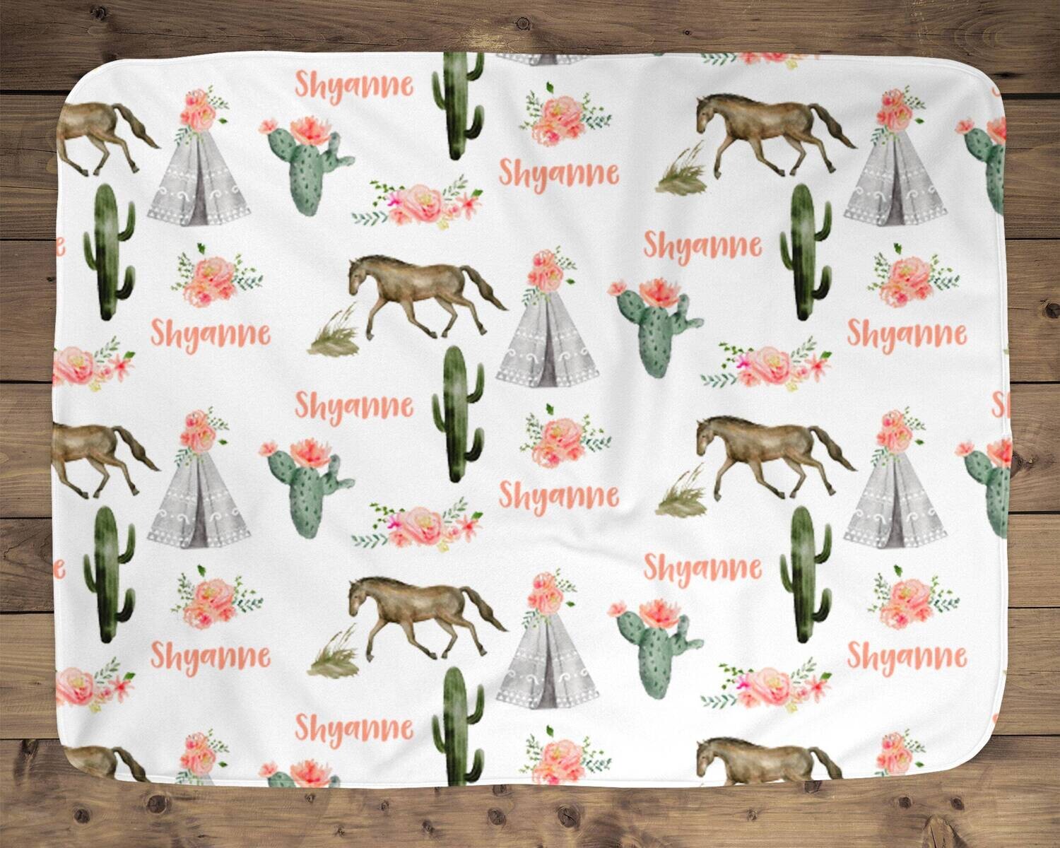 Western Floral Cactus Horse Personalized Girl Name Blanket, Name Baby Blanket, Baby Gift, Horse Blanket, Blanket Girl Floral, Girl Gift Idea