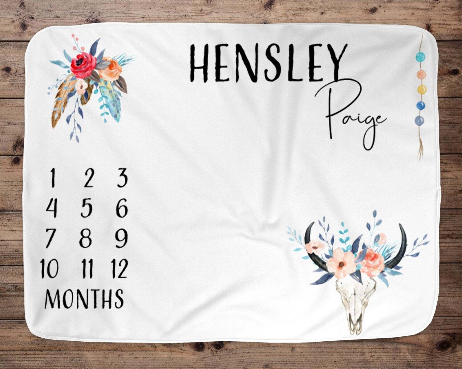 Personalized Bull Milestone Blanket, Girl Bull, Photo Prop, Age Blanket, Tribal, Milestone, Bull With Feathers, Skull, Cowgirl, Western Girl