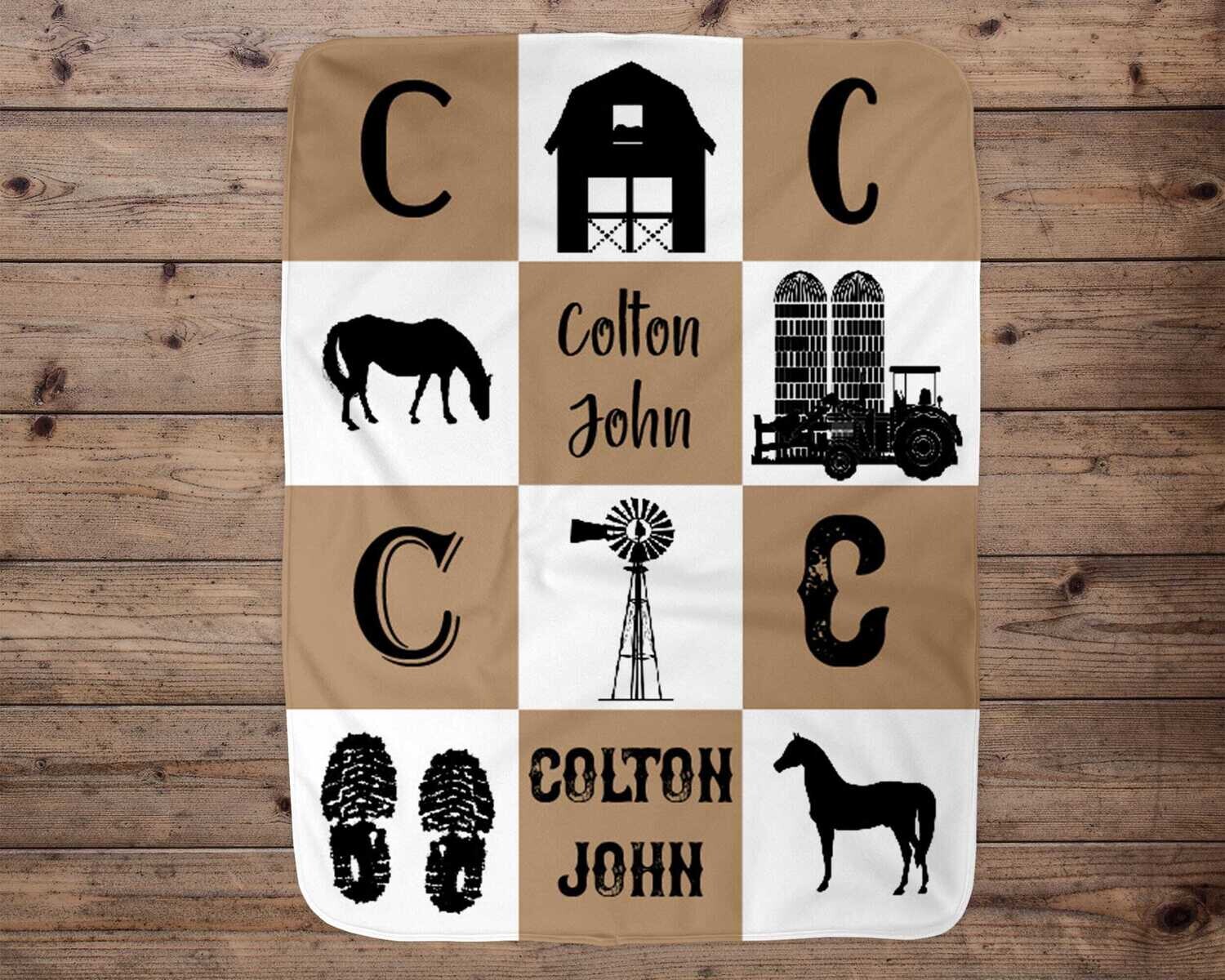 Personalized Custom Boy Horse Farm Name/Initial Brown And White Squared Blanket Gift Idea For Boy, Cowboy Blanket, Boy Western Horse Love