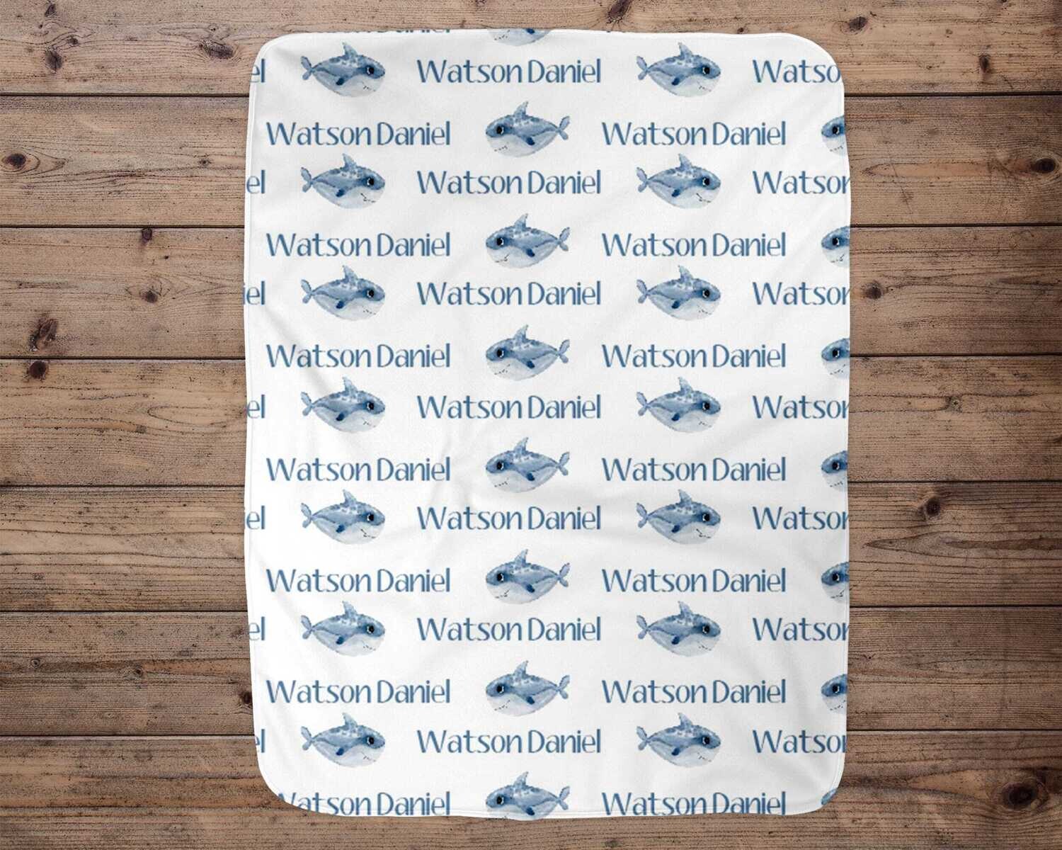 Custom Shark Name Pattern Blanket Gift Idea, Personalized Minky Shark Name Blanket, Sherpa Shark Personalized Name Blanket, Shark Blanket