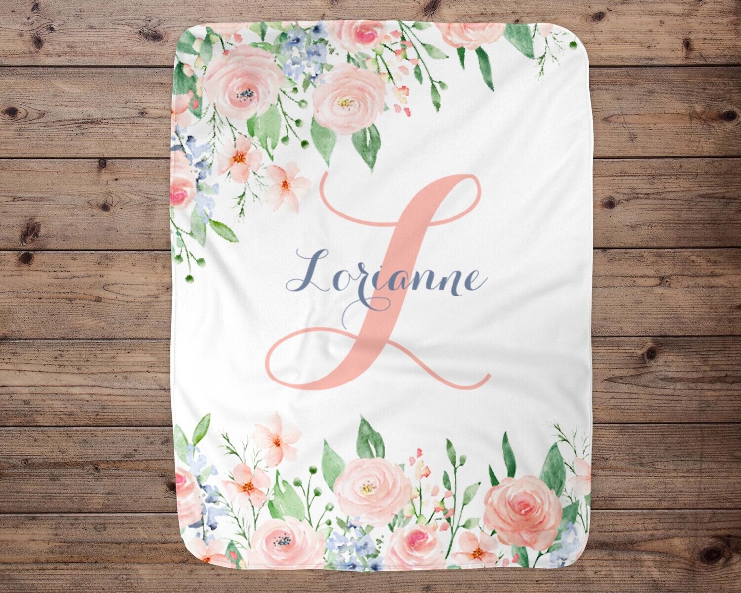 Custom Pink Flower Personalized Name Blanket, Toddler Blanket, Name Baby Blanket, Little Girl Gift, Pink Floral Initial Name Blanket Gift