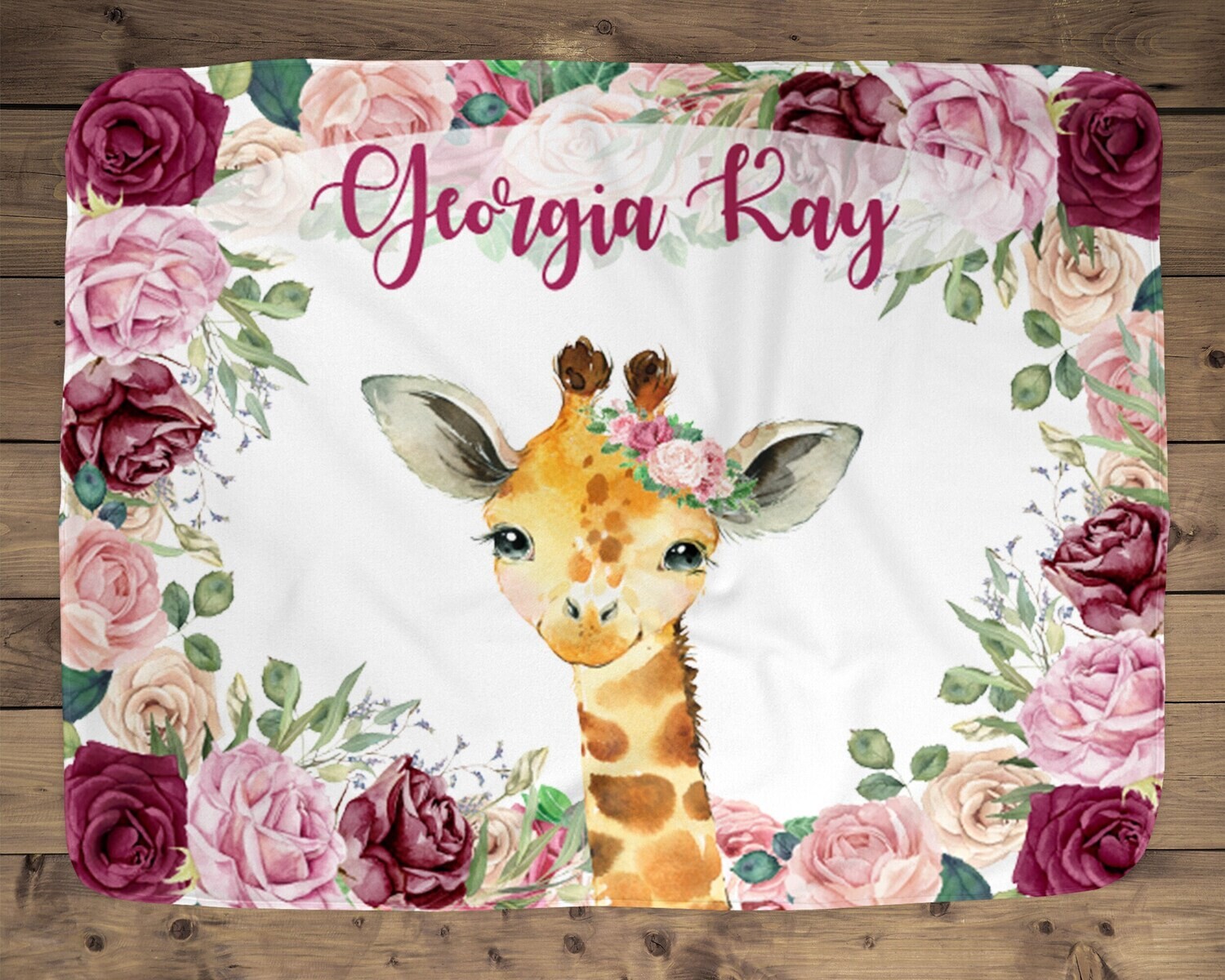 Giraffe Personalized Baby Girl Blanket, Baby Blanket, Name Baby Blanket, Baby Gift, Baby, Giraffe Blanket, Blanket Girl, Floral, Burgandy