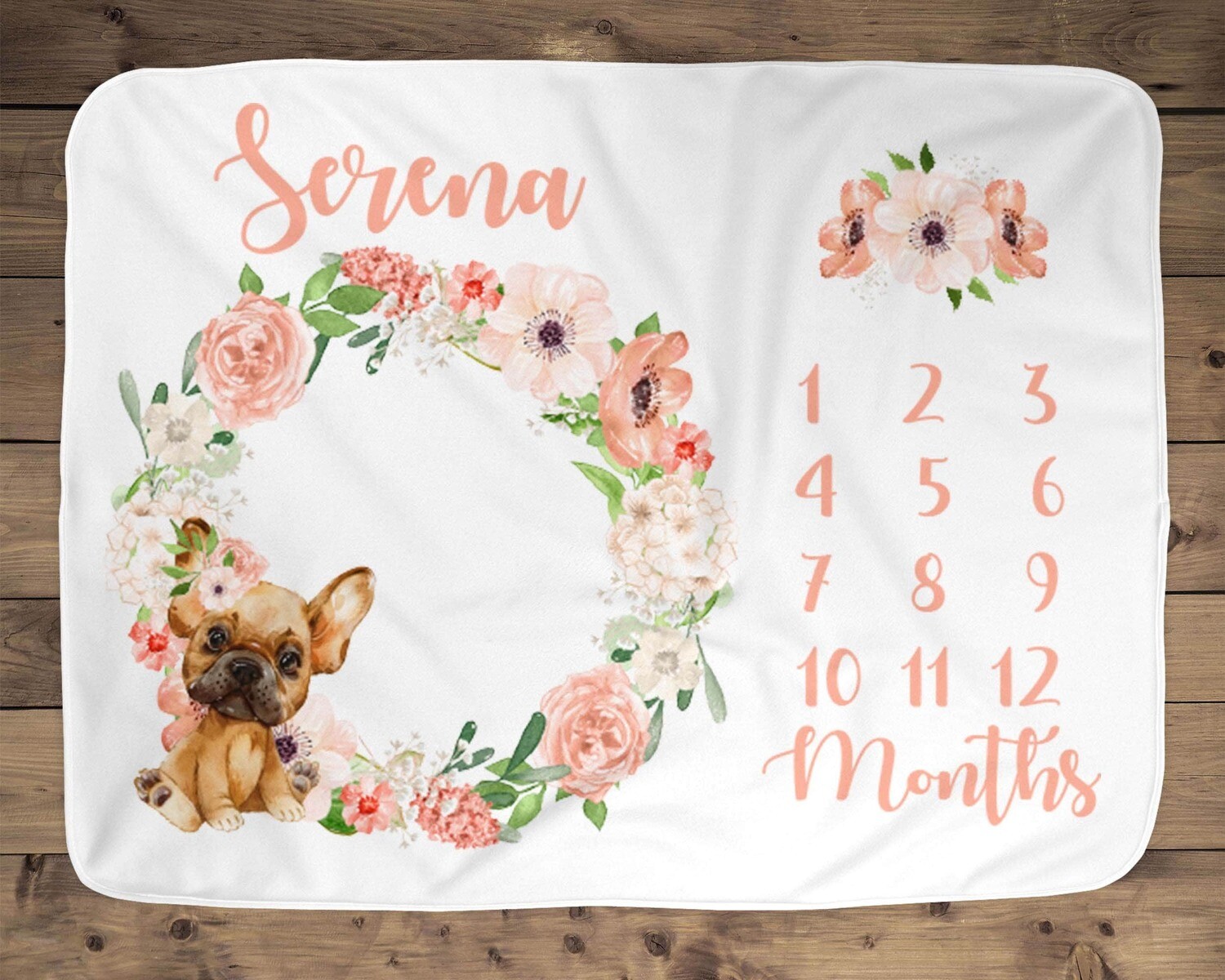French Bulldog With Peach Floral Wreath Animal Baby Girl Custom Name Milestone Blanket, Personalized Animal Age Blanket, Photo Prop Blanket