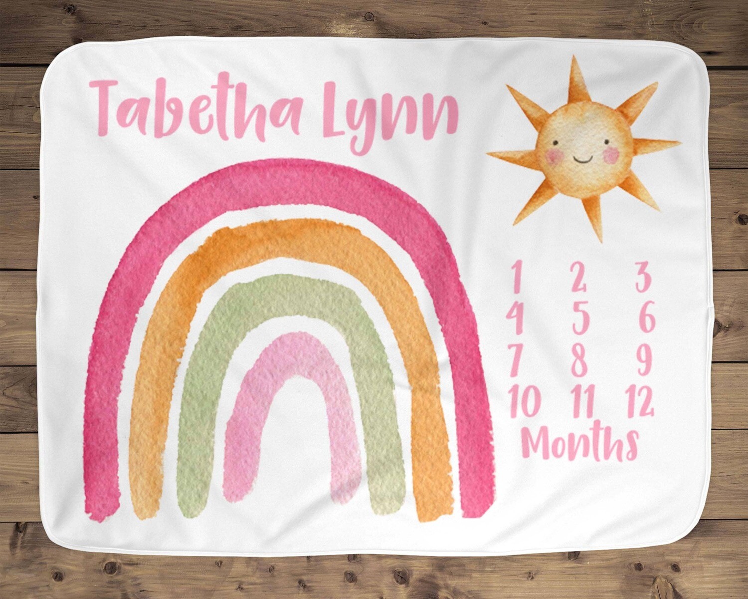 Customized Pink Sunshine Rainbow Age Name Milestone Baby Blanket Photo Prop For Newborn, Girl Rainbow Baby Baby Shower Gift Idea, Baby Gift