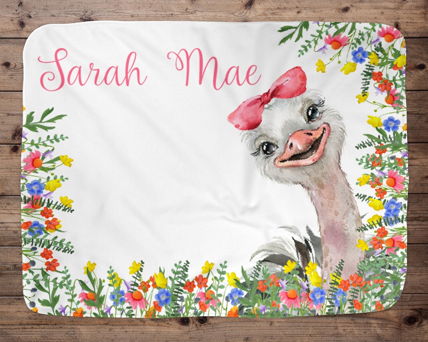 Ostrich Personalized Baby Girl Blanket, Baby Blanket, Name Baby Blanket, Baby Girl Gift, Floral Baby, Ostrich Blanket, Girl, Wildflower