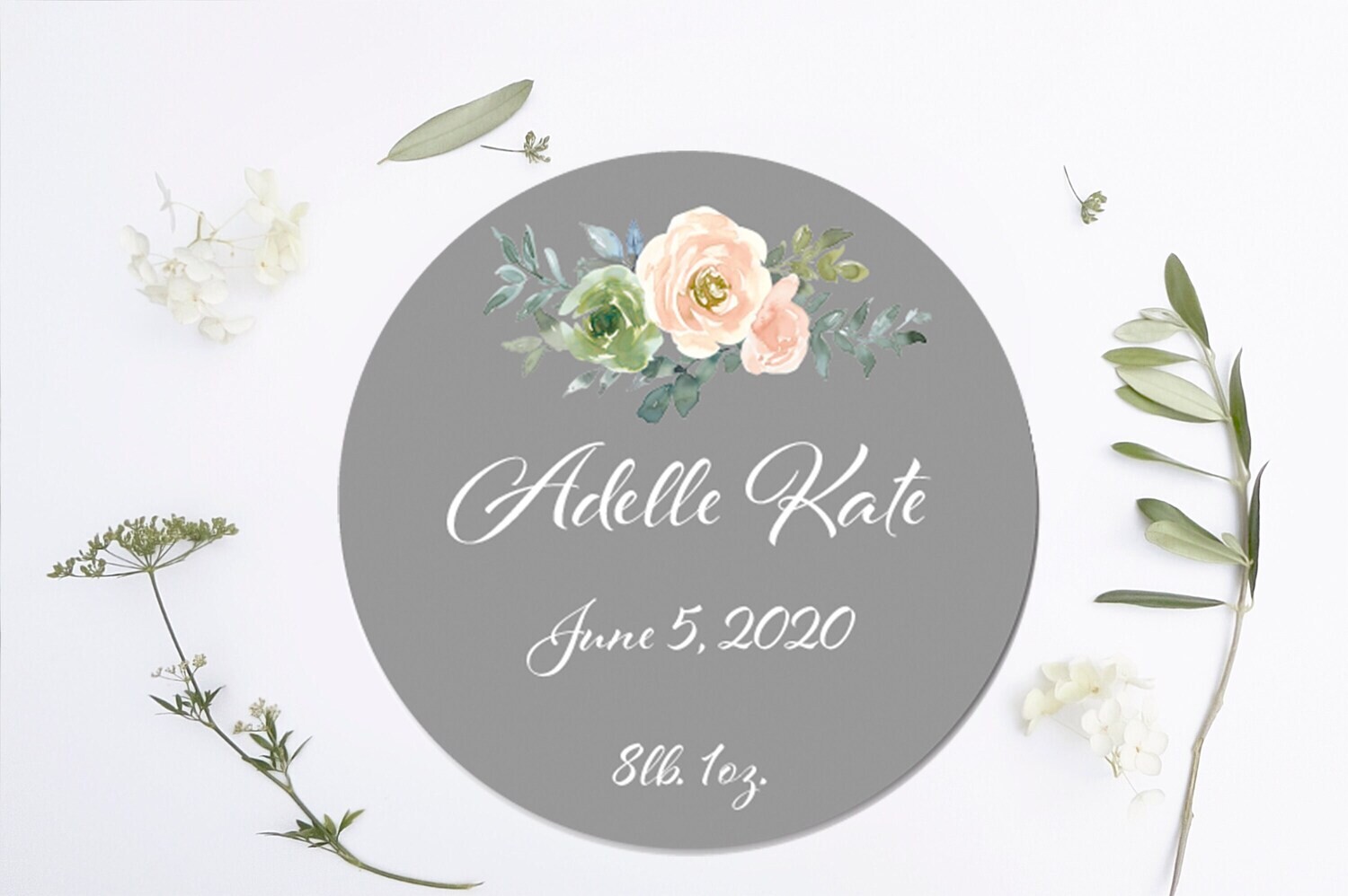 Customized Round Grey Sign, Floral Name Sign, Circle Sign For Baby Girl, Peach Floral Sign, Personalized Sign With Flowers, Baby Girl Sign