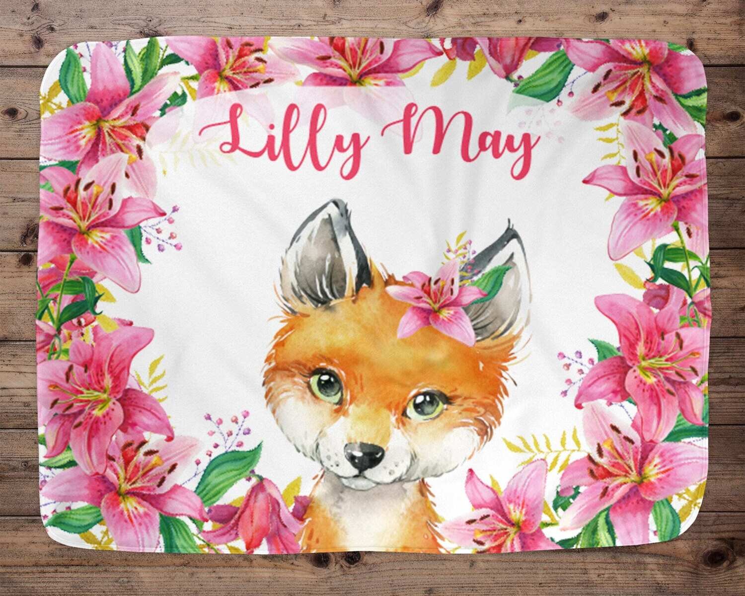 Personalized Baby Fox Blanket, Baby Blanket, Name Baby Blanket, Girl Baby Gift, Floral Baby, Fox Blanket, Blanket Girl, Lilies, Pink, Lily