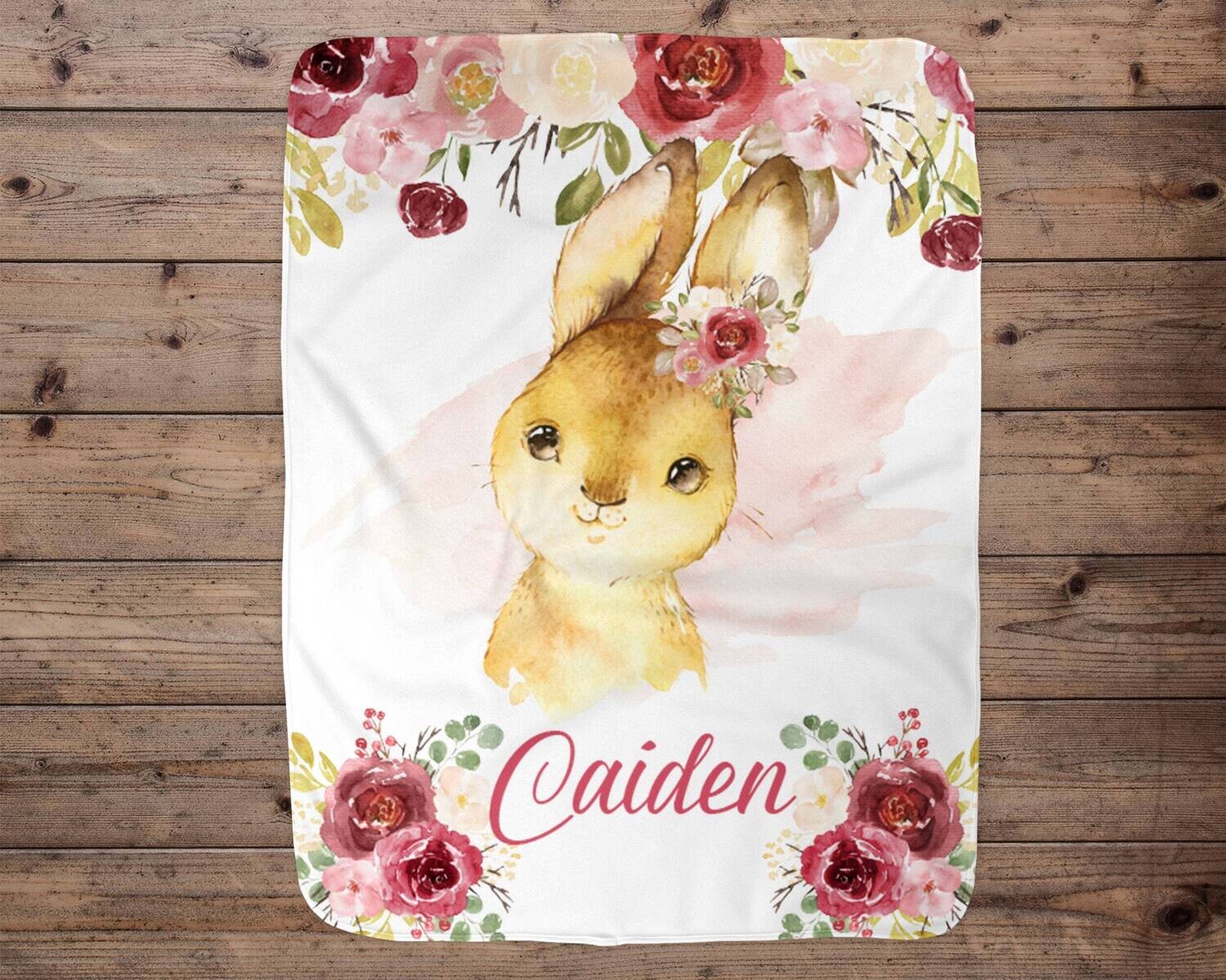 Personalized Pink Flower Bunny Rabbit Name Baby Girl Blanket, Baby Blanket, Name Baby Blanket, Bunny Baby Gift, Bunny Blanket, Blanket Girl