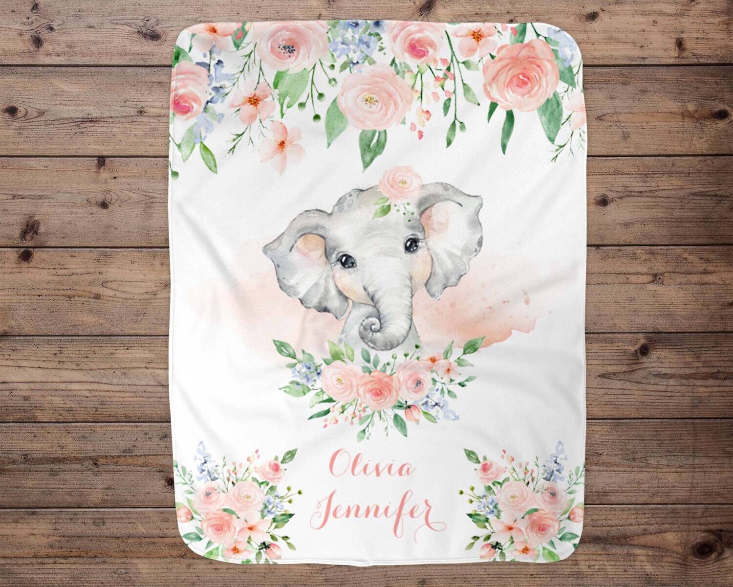 Custom Pink Elephant Personalized Name Blanket, Toddler Blanket, Name Baby Blanket, Little Girl Gift, Pink Floral Elephant Blanket Girl Gift