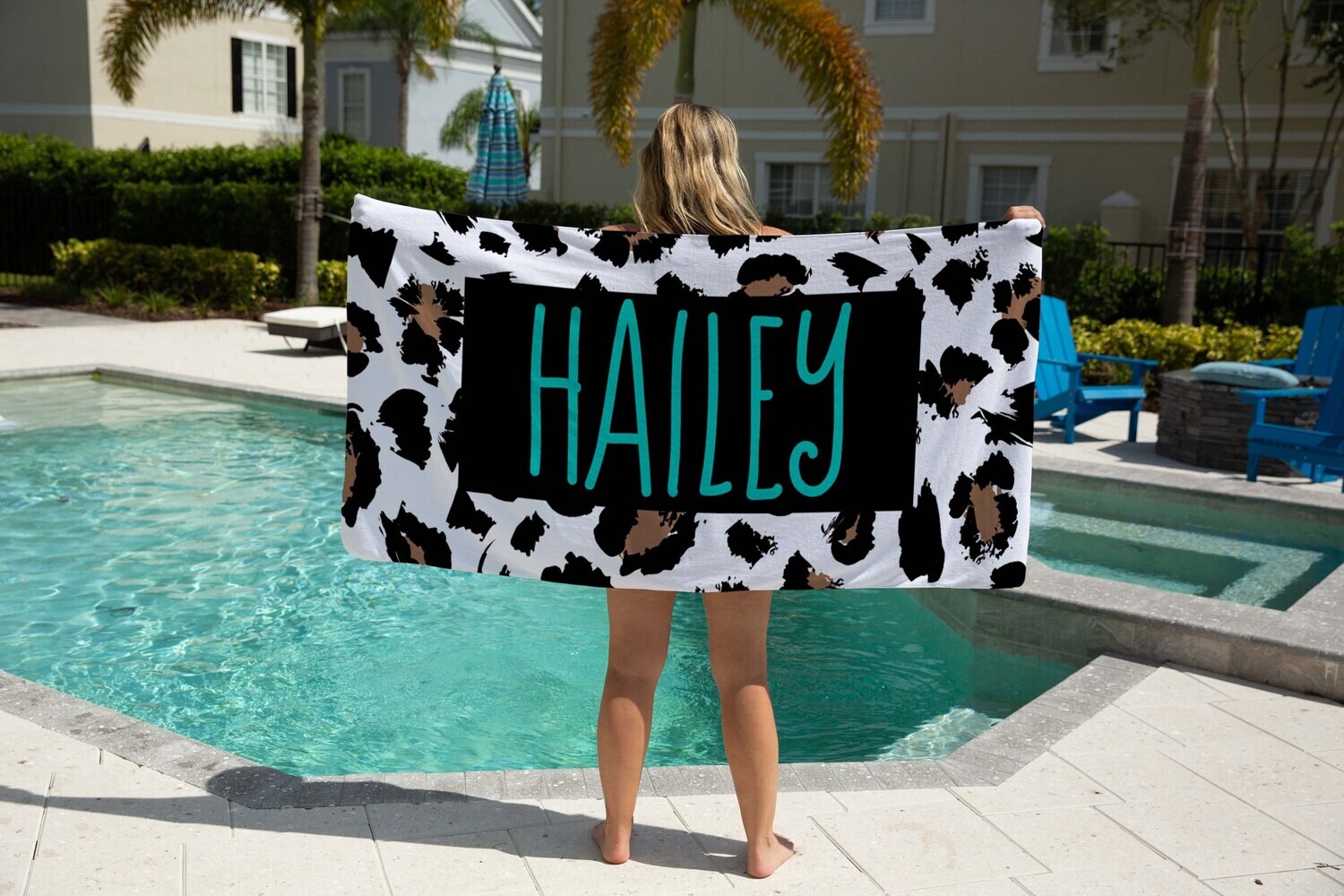 Personalized Teal Leopard Print Name Beach Towel, Girls Beach Towel Gift Idea, Mothers Day Gift, Summer Gift, Beach Idea, Child Name Towel