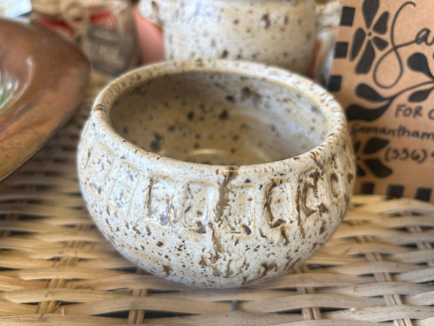 Sam's Pottery: 007 tan with dots 4 inch