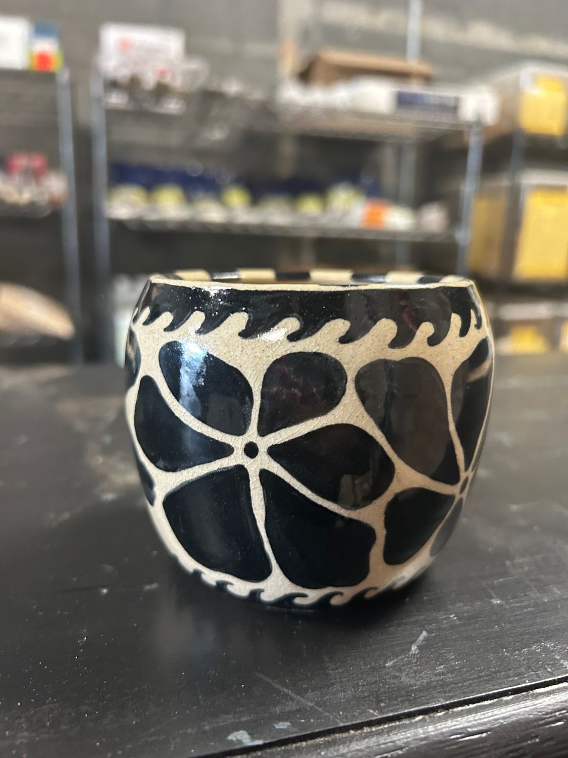 Sam's Pottery: 012 Black Tan Hand Painted Flower 4 inch