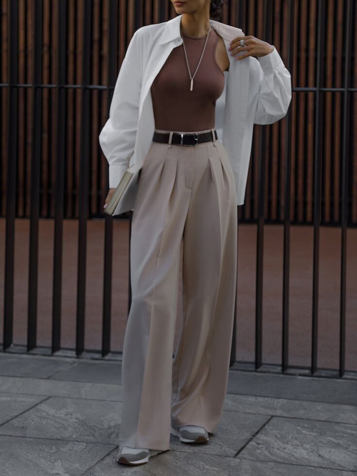 Pleated Palazzo pants, Maroon tank, White long button-up shirt.