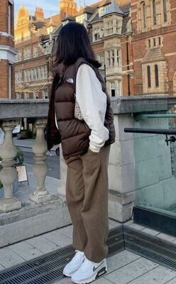 Brown Puffer Jack, Brown Cargo, White Sweater