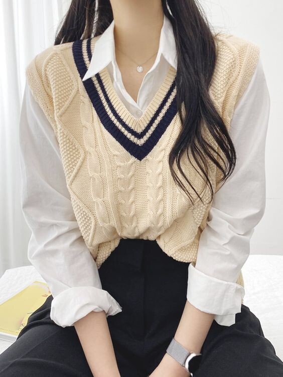 Creme Sweater Vest, Black Skirt, White Button Up Shirt