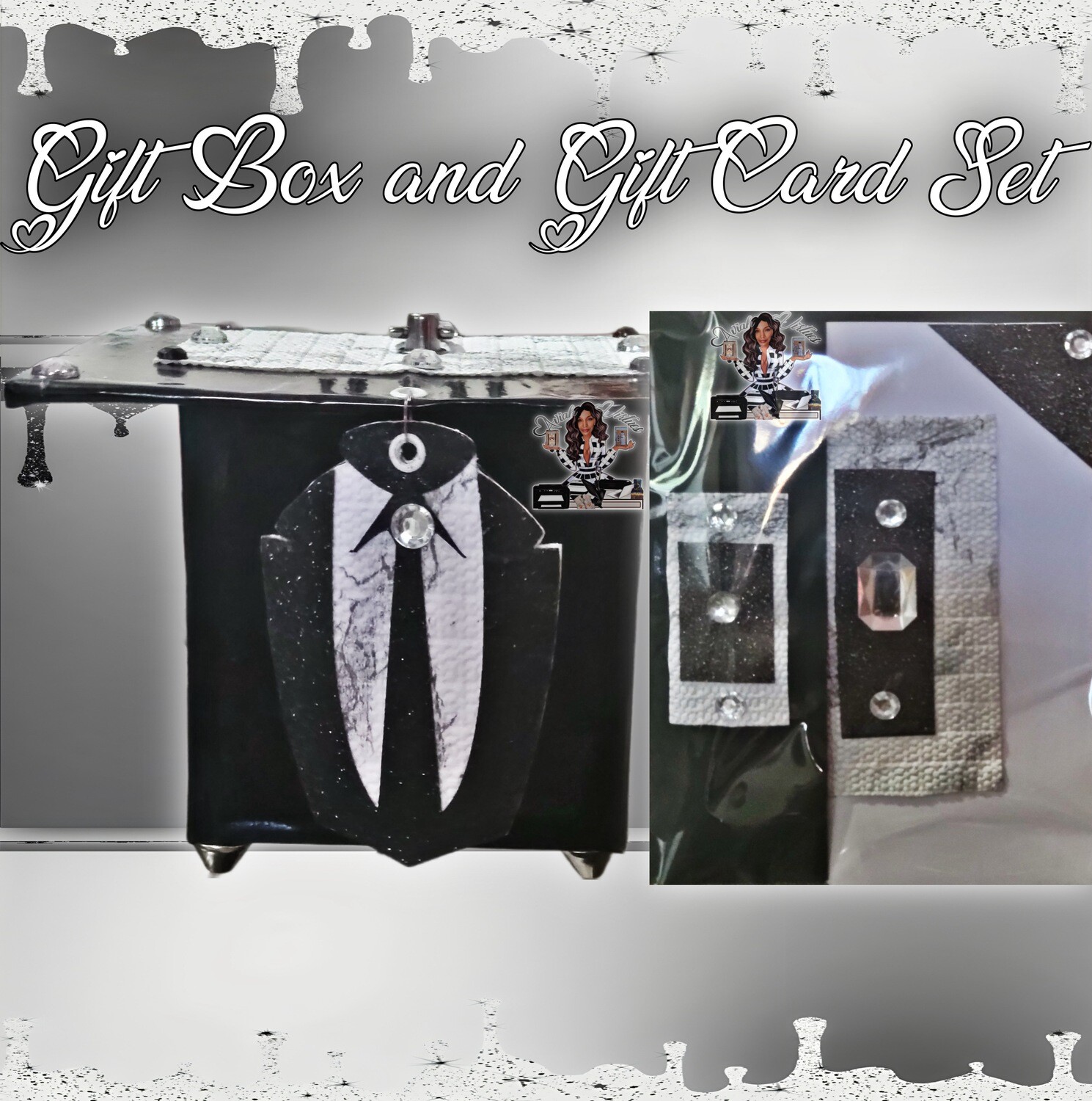 Handmade Black and White Gift Box with Suit Keychain and Matching Gift Card