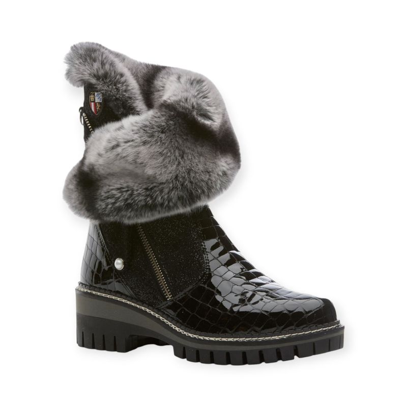 NIS Bottine noire en cuir vernis avec col en fourrure de lapin NIS Bottine noire en cuir vernis avec col en fourrure de lapin