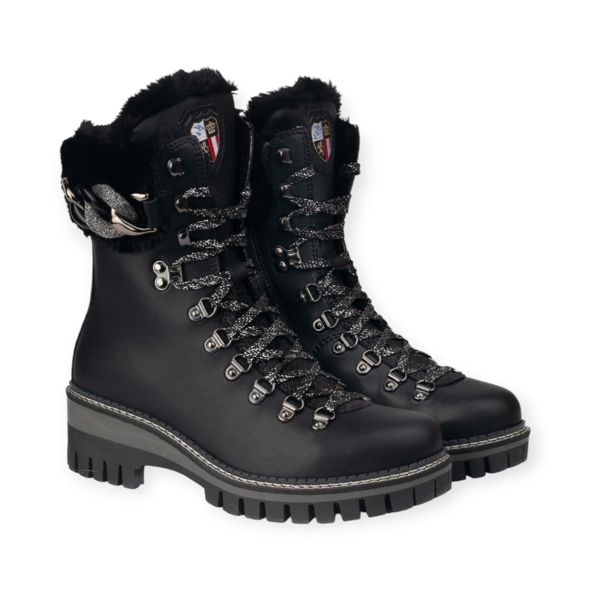 NIS Bottine noire en cuir avec col en fourrure et accessoire