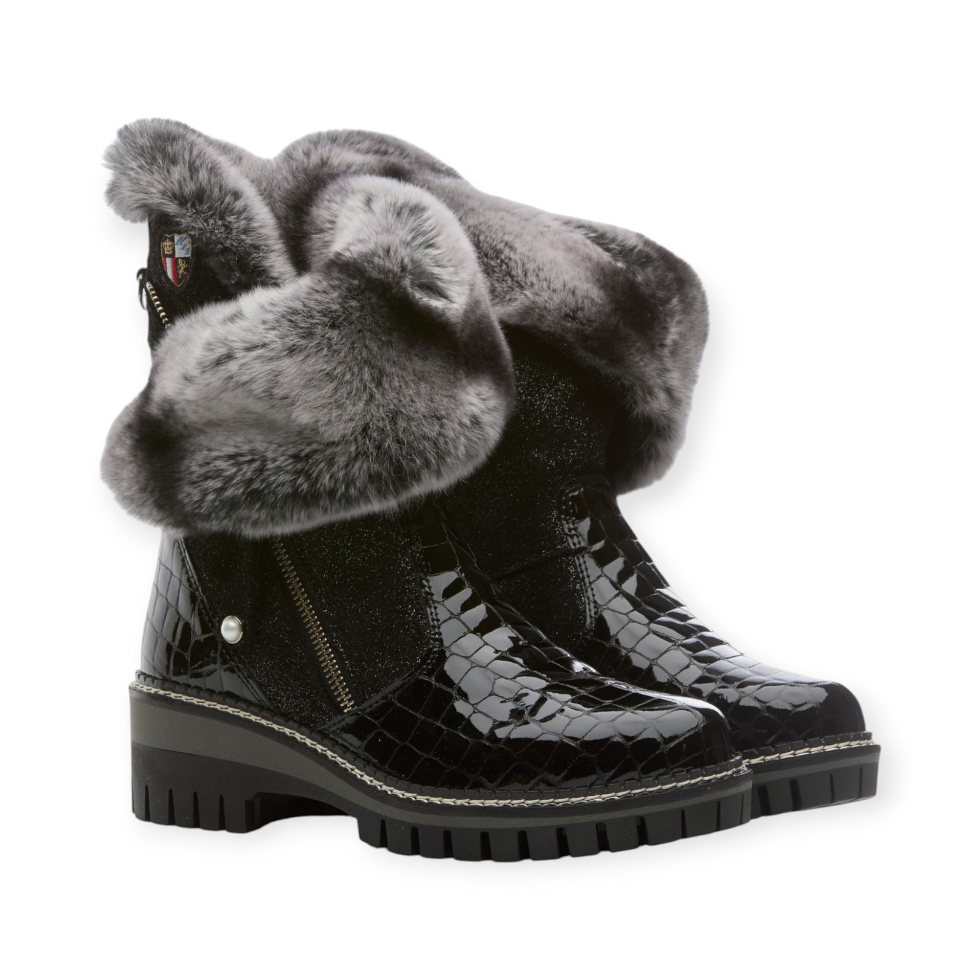 NIS Bottine noire en cuir vernis avec col en fourrure de lapin