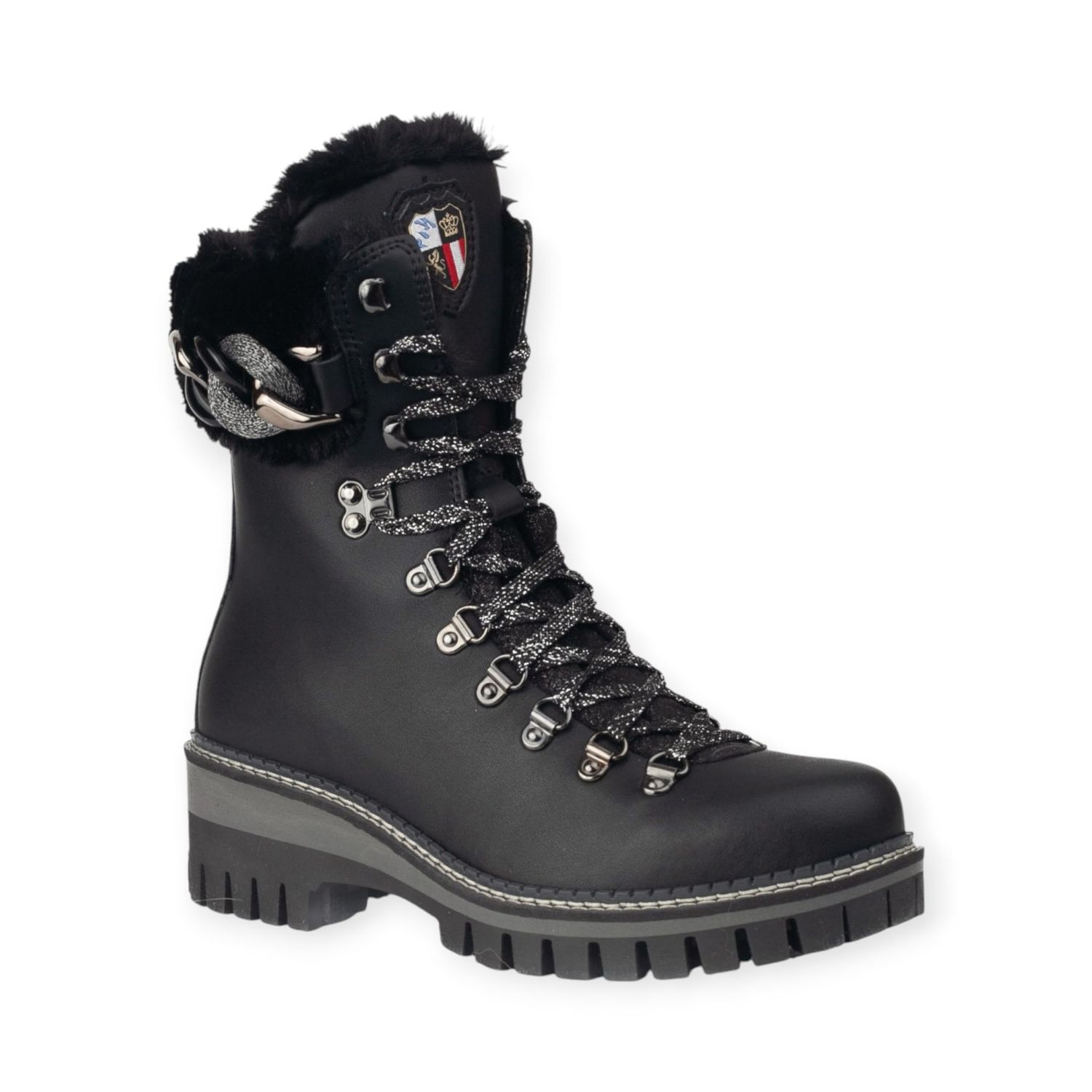 NIS Bottine noire en cuir avec col en fourrure et accessoire