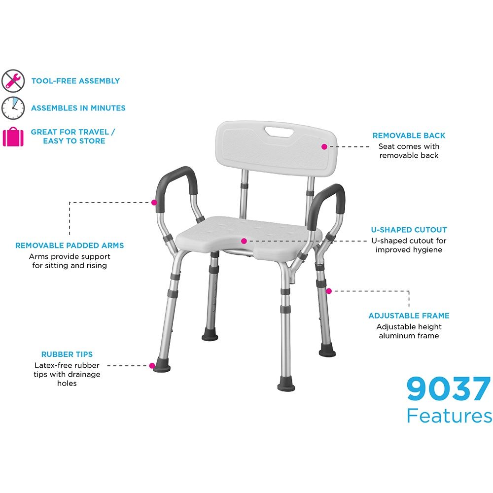 BATH SEAT W/ARMS&amp;HYG CUTOUT KD, Case Qty: 1/cs, Units: EACH, WT Cap: 300 lb.