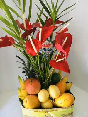 Birthday Hawaiian Fruit Basket with Anthuriums
