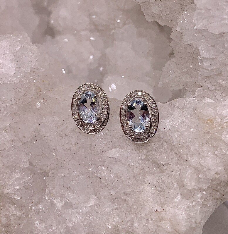 9ct White Gold Aquamarine &amp; Diamond Stud Earrings
