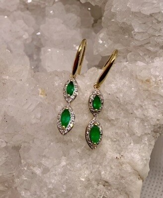 9ct Yellow Gold Emerald &amp; Diamond Drop Earrings