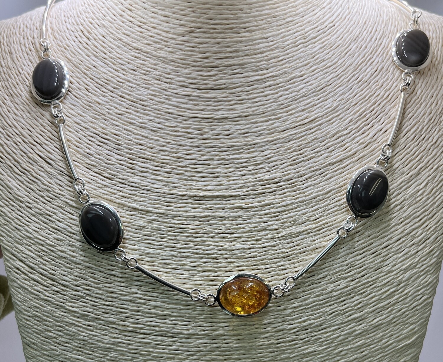 Real Silver Necklace with Amber stone and Cappuccino Flint