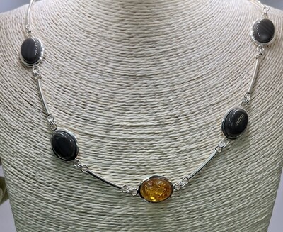 Real Silver Necklace with Amber stone and Cappuccino Flint