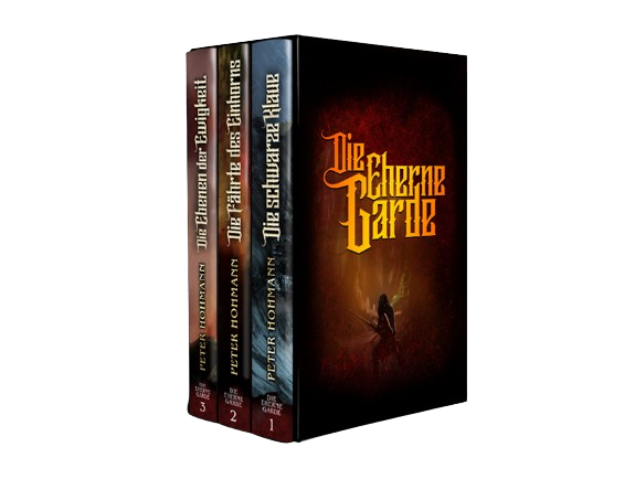 Buchschuber mit den Hardcovern der Trilogie DIE EHERNE GARDE