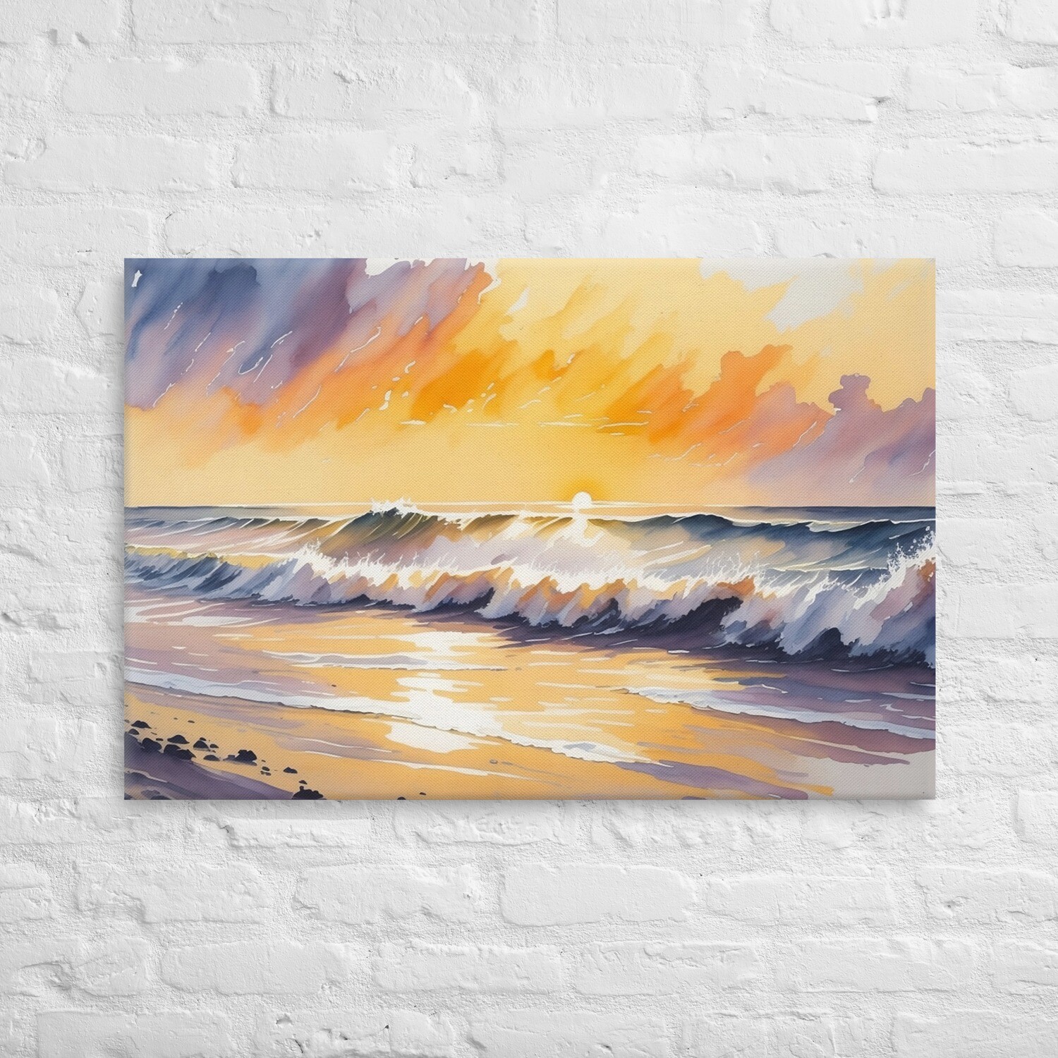 Captivating Coastal Beauty: Serene Watercolor Seaside Landscape with Sandy Beaches, Crashing Waves, and Radiant Sunset