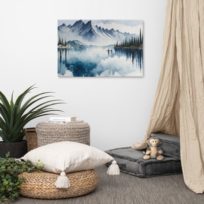 Ethereal Mountain Reflections: Tranquil Watercolor Painting of a Serene Lake Surrounded by Majestic Mountains