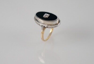 White And Yellow Gold Ring With Black Onyx&amp;Diamond Stone