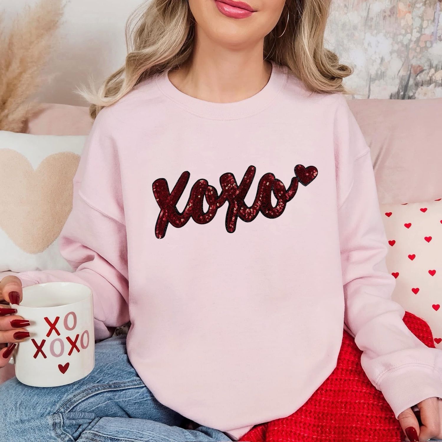 (Red) Xoxo Sequin Patch Crewneck
