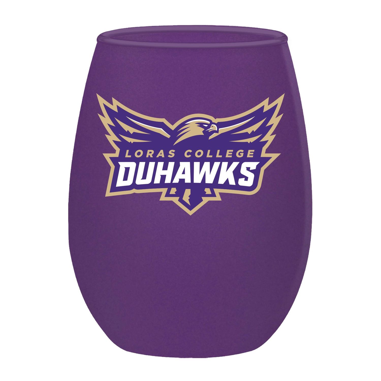 Purple Stemless wine glass w/Duhawk decal