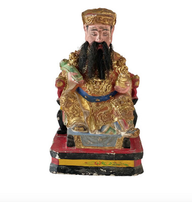 Antique 19th Century Qing Dynasty Chinese Polychrome and Gilded Gold Seated Emperor