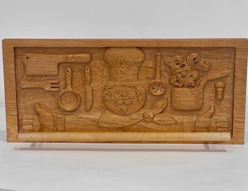 Vintage Carved Chef Wooden Kitchen Wall Hanging With Towel Bar by Evelyn Ackerman for Era