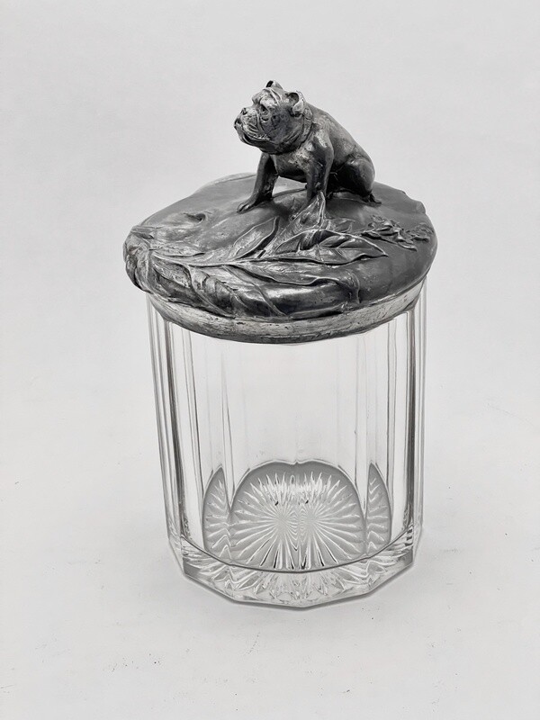 Early 20th Century cut Glass Tobacco Jar With a Pewter Art Nouveau Bulldog Lid