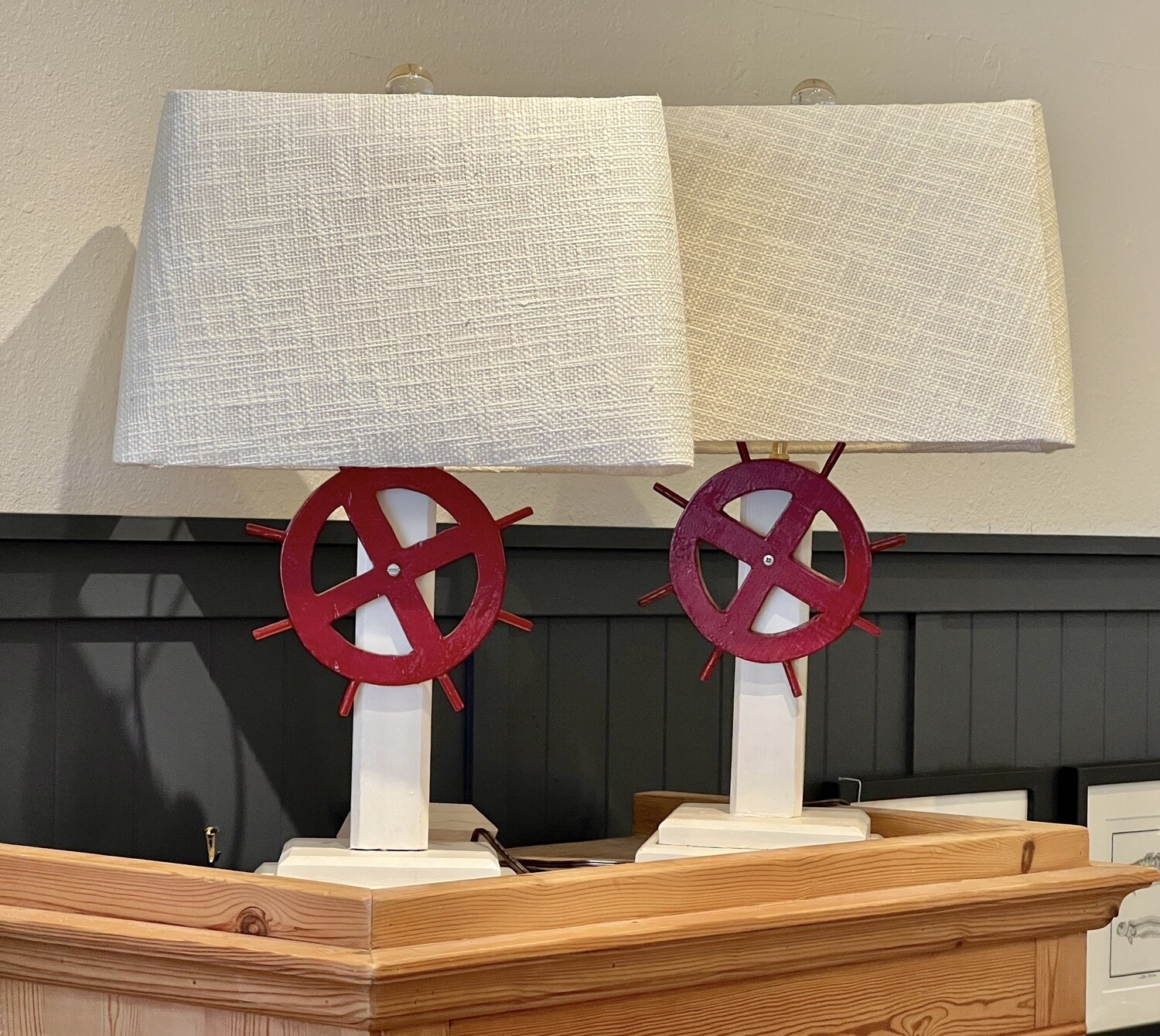 Primitive handmade wooden ships wheel lamps