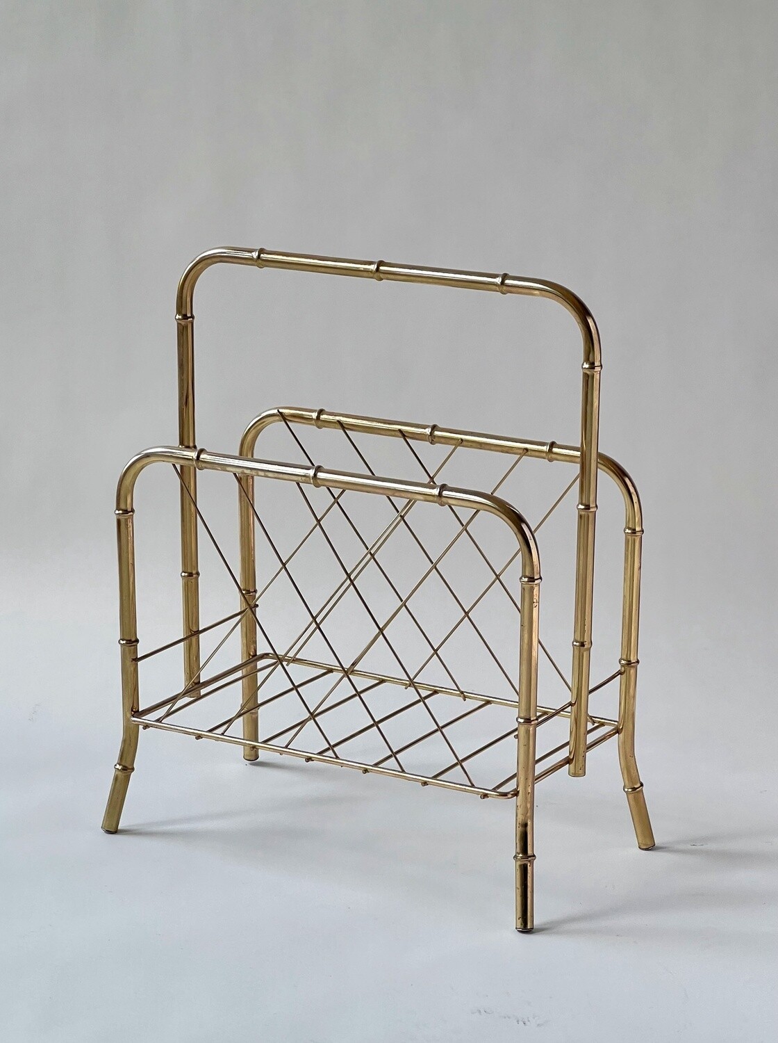 Vintage Hollywood Regency Gold Faux Bamboo Magazine Vinyl Record Rack Caddy