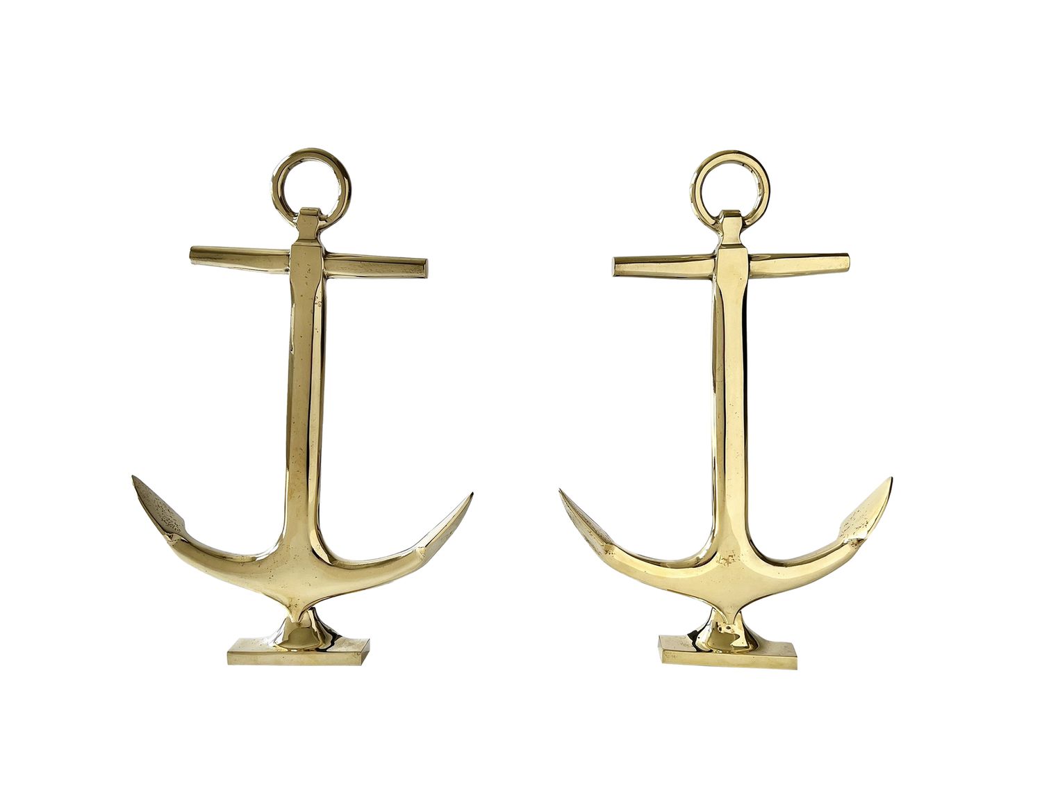 Hollywood Regency Polished 1920s Anchor Andirons in Brass and Iron &#39;Puritan&#39; by Favorite Stove Works - a Pair