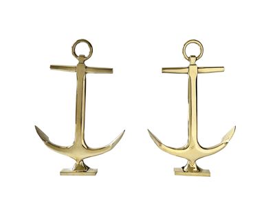 Hollywood Regency Polished 1920s Anchor Andirons in Brass and Iron &#39;Puritan&#39; by Favorite Stove Works - a Pair