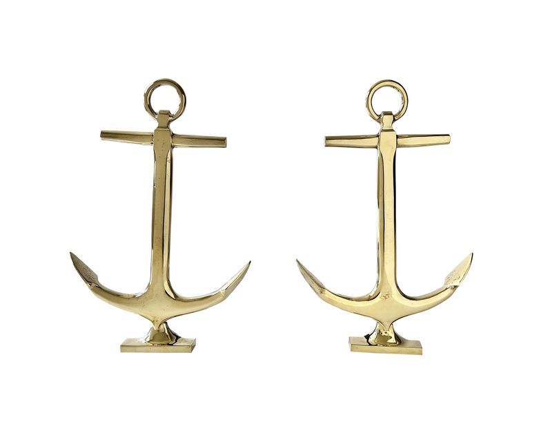 Hollywood Regency Polished 1920s Anchor Andirons in Brass and Iron &#39;Puritan&#39; by Favorite Stove Works - a Pair