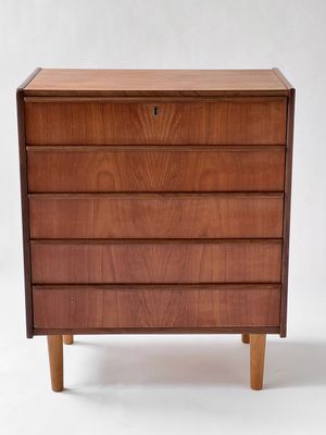 Tall Teak Chest of Drawers With Tapered Oak Legs. This Dresser Denmark 1960s in the Style of Kai Kristainsen